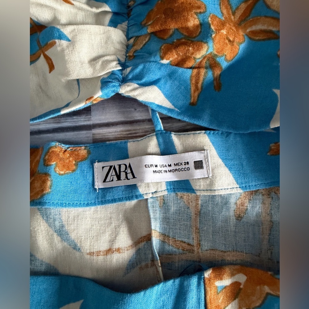 Zara Tropical Floral Blue Linen Blend Cut Out Front Slit Dress - Picture 12 of 13